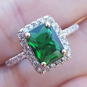 Green Emerald Rectangular Halo Silver Ring